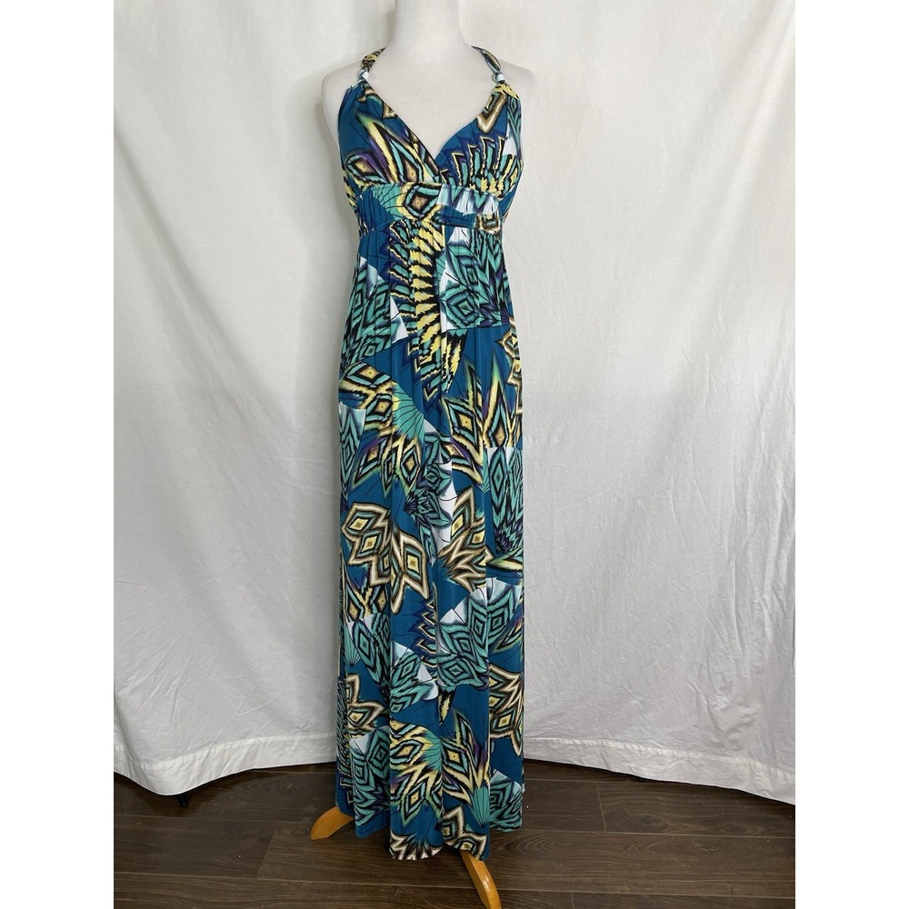 Topia Halter Sundress Womens Small S Maxi Long Colorful Beach Dress Green Boho